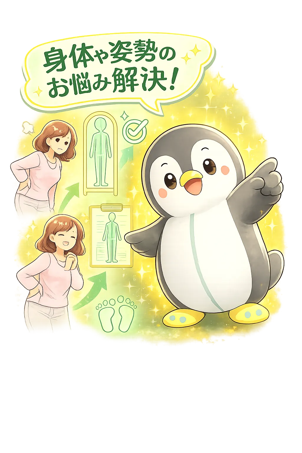 姿勢や重心、身体の使い方を案内するボラペンと、身体の不調に悩む女性のイラスト