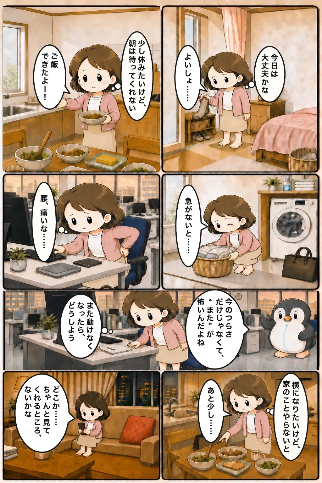 漫画 01 日常生活や仕事で腰の不調を繰り返し不安を感じる様子