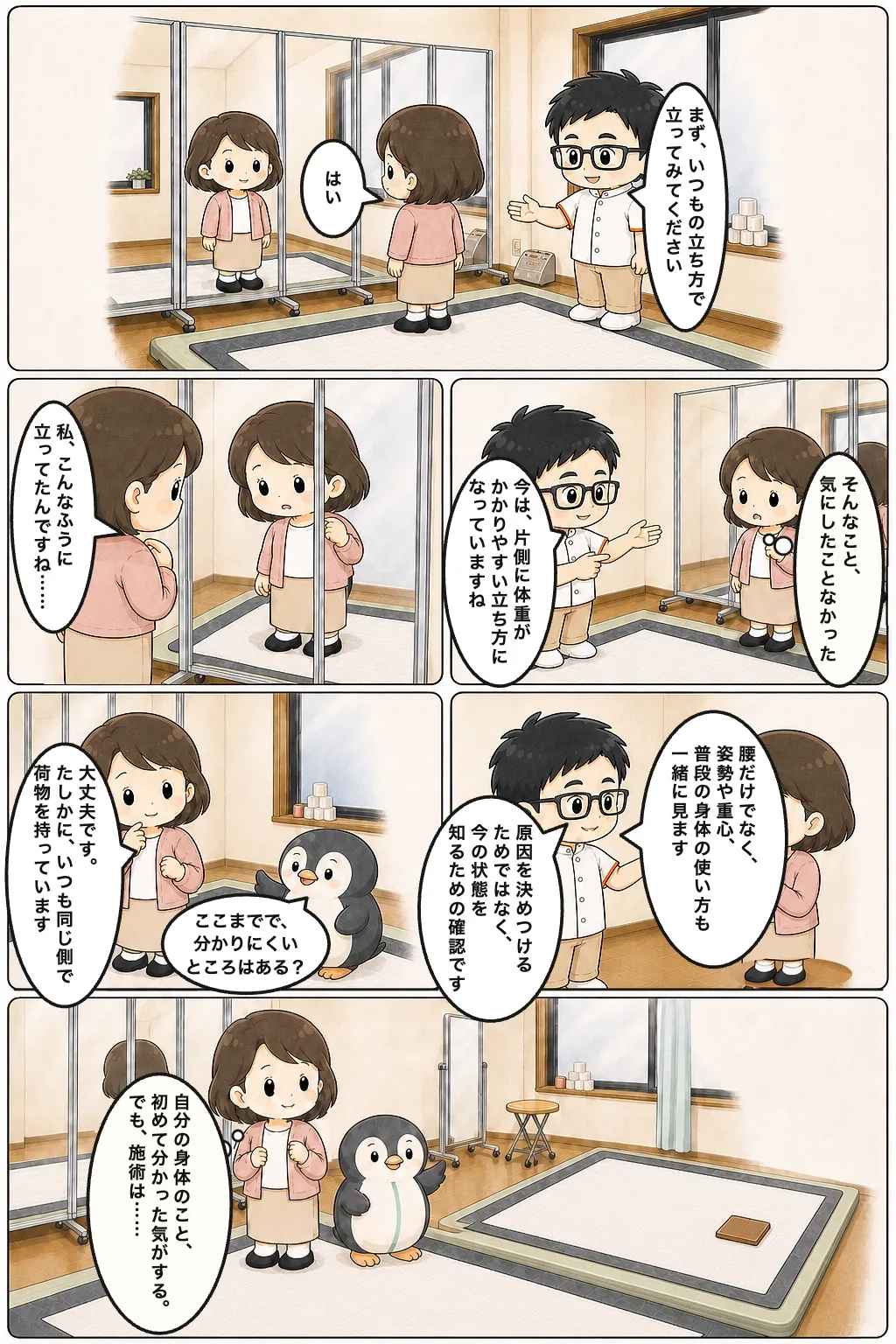 漫画 06 鏡で姿勢や重心、身体の使い方を確認する流れ